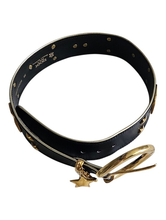 Vintage Escada Gold Star Studded Black Leather Belt Size
